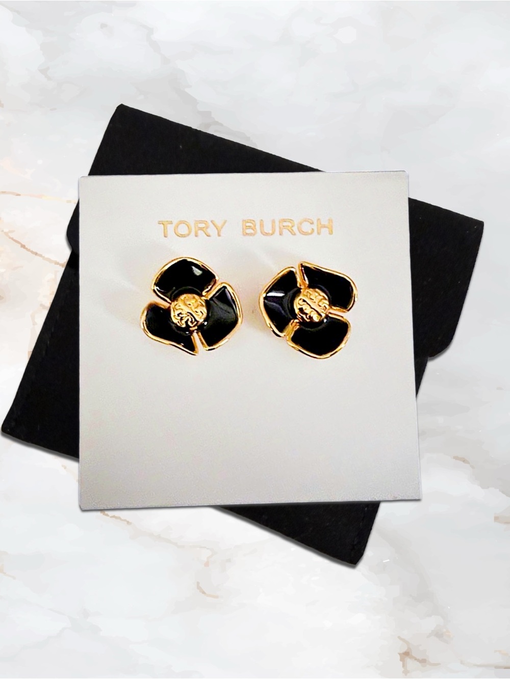 Tory Burch Fleur Black Enamel Gold Tone Floral Stud Earrings Logo